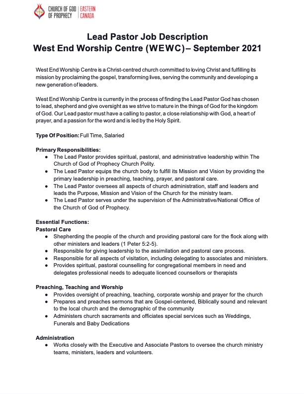 WEWC Lead Pastor Position Available